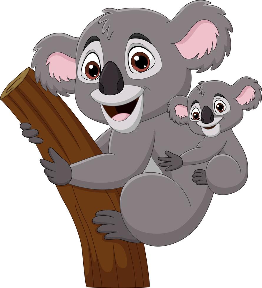 desenho animado mãe coala e bebê em um galho de árvore vetor