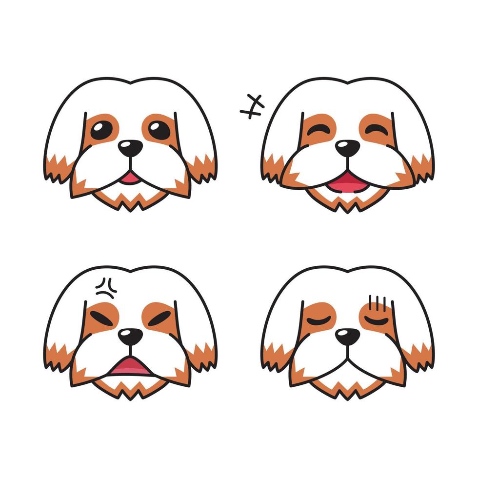 conjunto de rostos de cachorro shih tzu de personagem mostrando emoções diferentes vetor