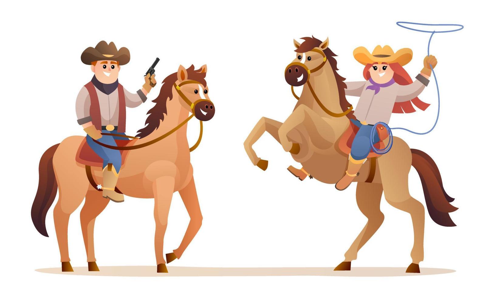 personagens fofos de vaqueiro e vaqueira andando a cavalo. ilustração de conceito ocidental de vida selvagem vetor