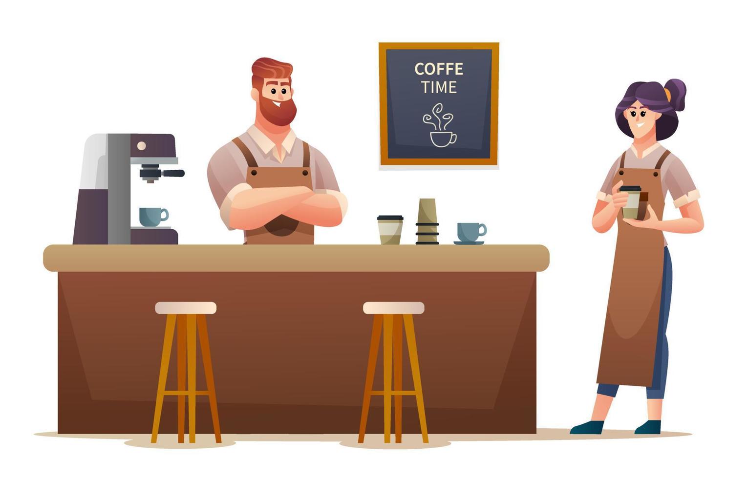 baristas masculinos e femininos trabalhando na ilustração de cafeteria vetor