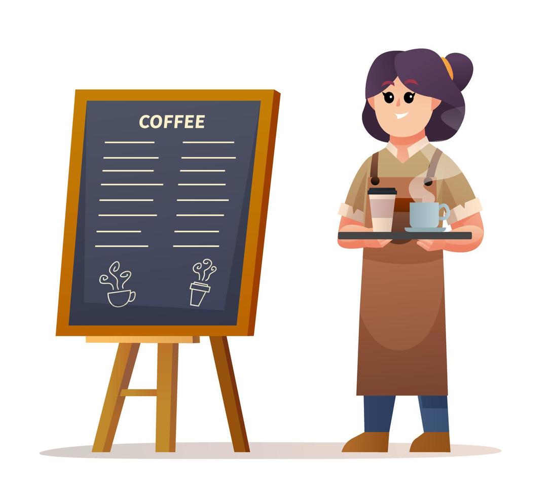 barista feminino bonito em pé perto da placa do menu enquanto carregava ilustração de café vetor