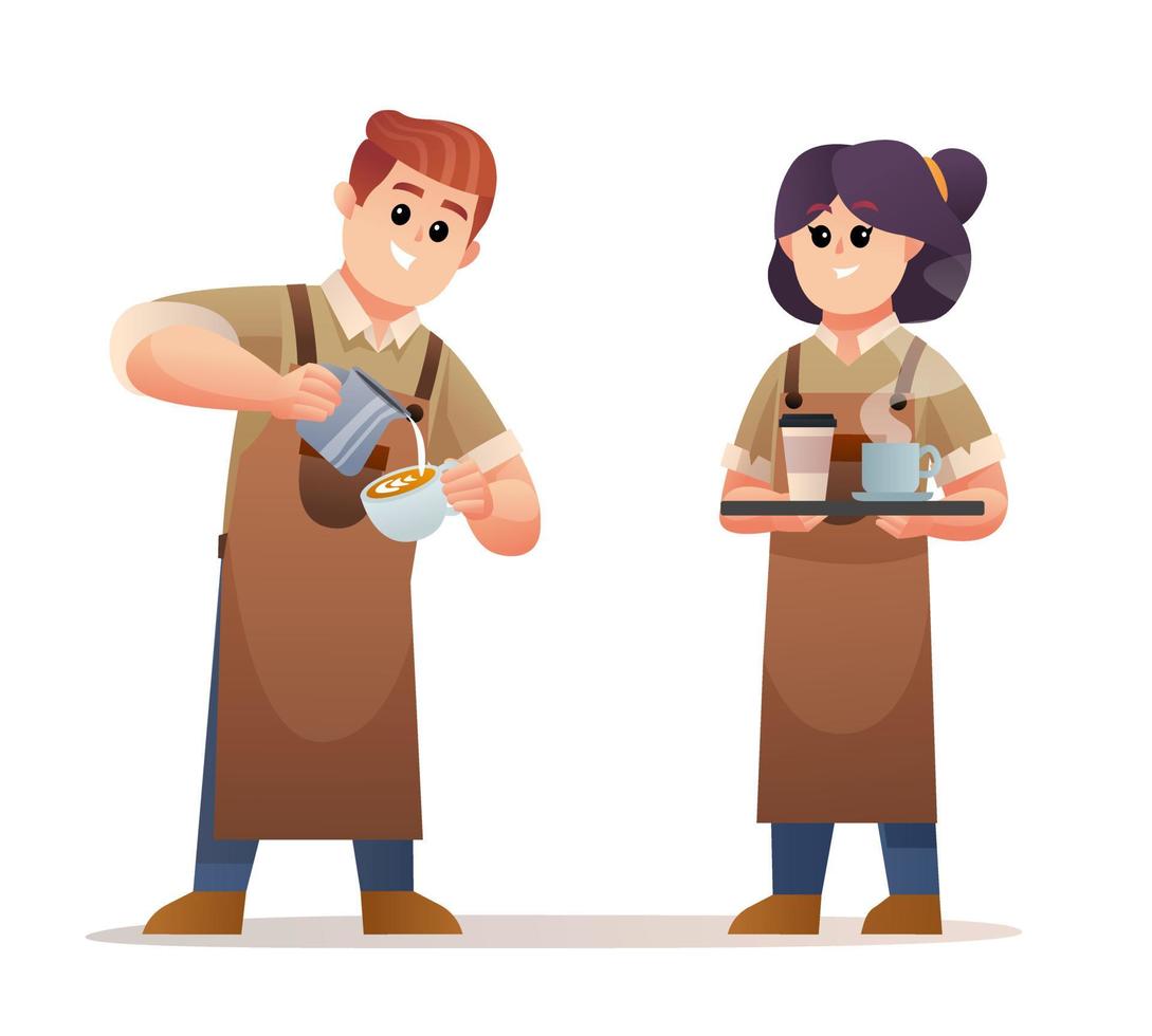 barista masculino fofo fazendo café e o barista feminino carregando café com conjunto de caracteres de bandeja vetor