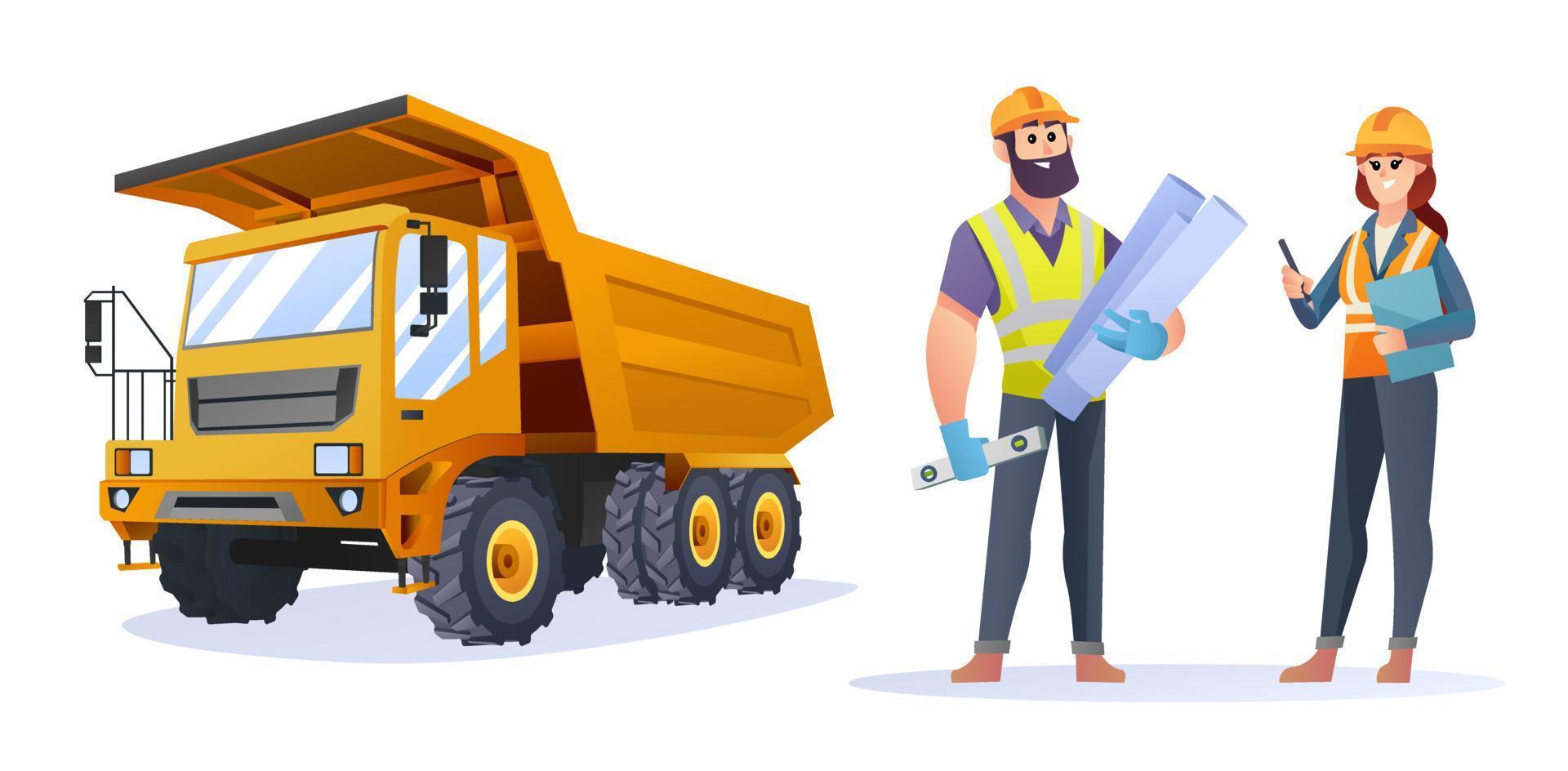 personagens masculinos e femininos de engenheiro de construção com ilustração de caminhão vetor
