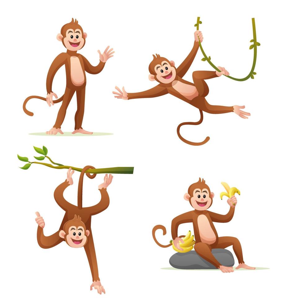 macaco bonito em várias poses ilustração dos desenhos animados vetor