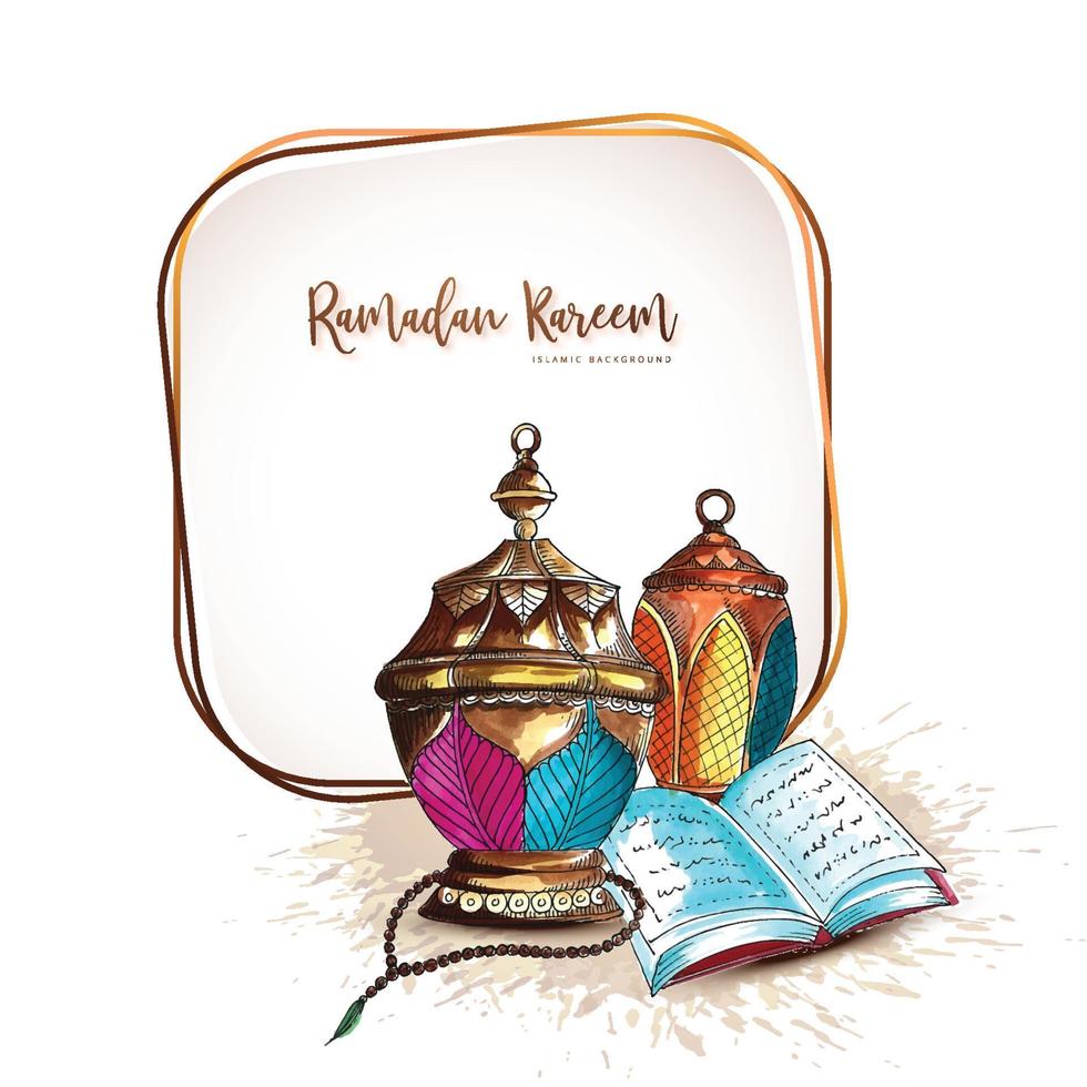 bela saudação decorativa do festival ramadan kareem islâmico com fundo de cartão de lâmpadas vetor