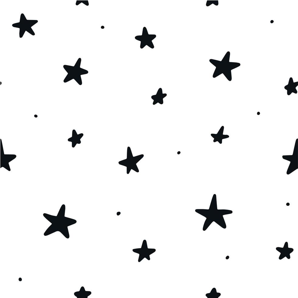 padrão sem emenda com estrelas pretas desenhadas à mão sobre fundo branco. bom para estampas têxteis de berçário, papel de parede, scrapbooking de natal e papel de embrulho, fundos, etc. eps 10 vetor