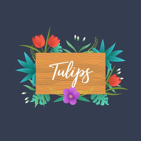 Tulipas florais decorativas com placa de madeira no fundo escuro vetor