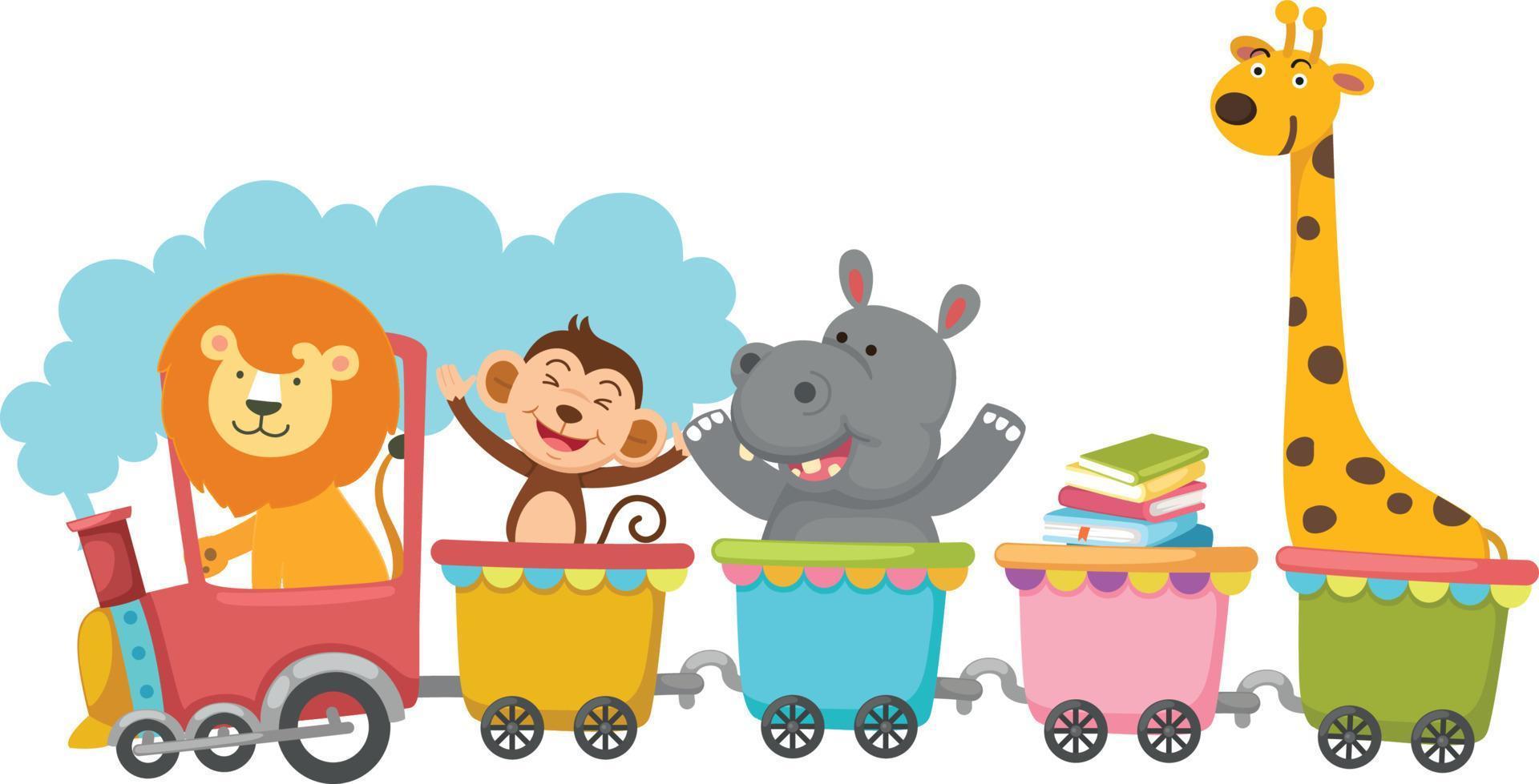 ilustração do personagem de crianças da escola animal montando trem transporte educação vetor