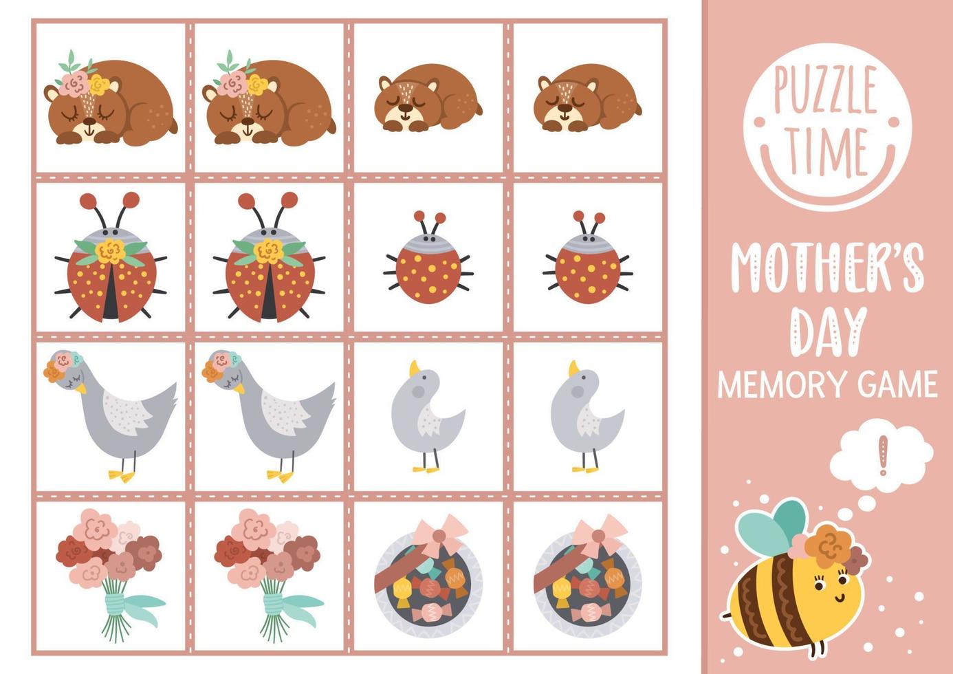 vetor cartões de jogo de memória do dia das mães com animais bebês e suas mães. atividade combinando com personagens fofinhos. lembre-se e encontre o cartão correto. planilha simples para impressão de primavera para crianças.