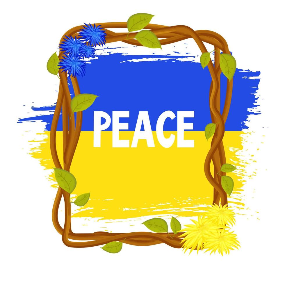 bandeira ucraniana, bandeira nacional de flores texto paz com duas cores azul e amarelo, quadro de varas com folhas em estilo cartoon. elementos para o projeto. . ilustração vetorial vetor