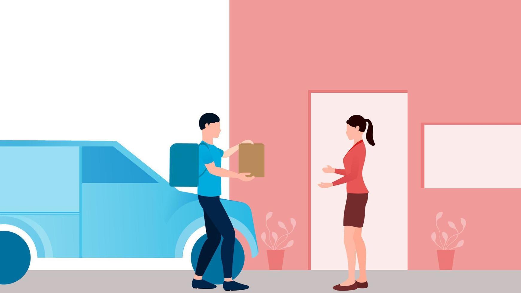 homem entregando pacote ao cliente com van de entrega, ilustração vetorial de negócios de entrega em fundo branco. vetor