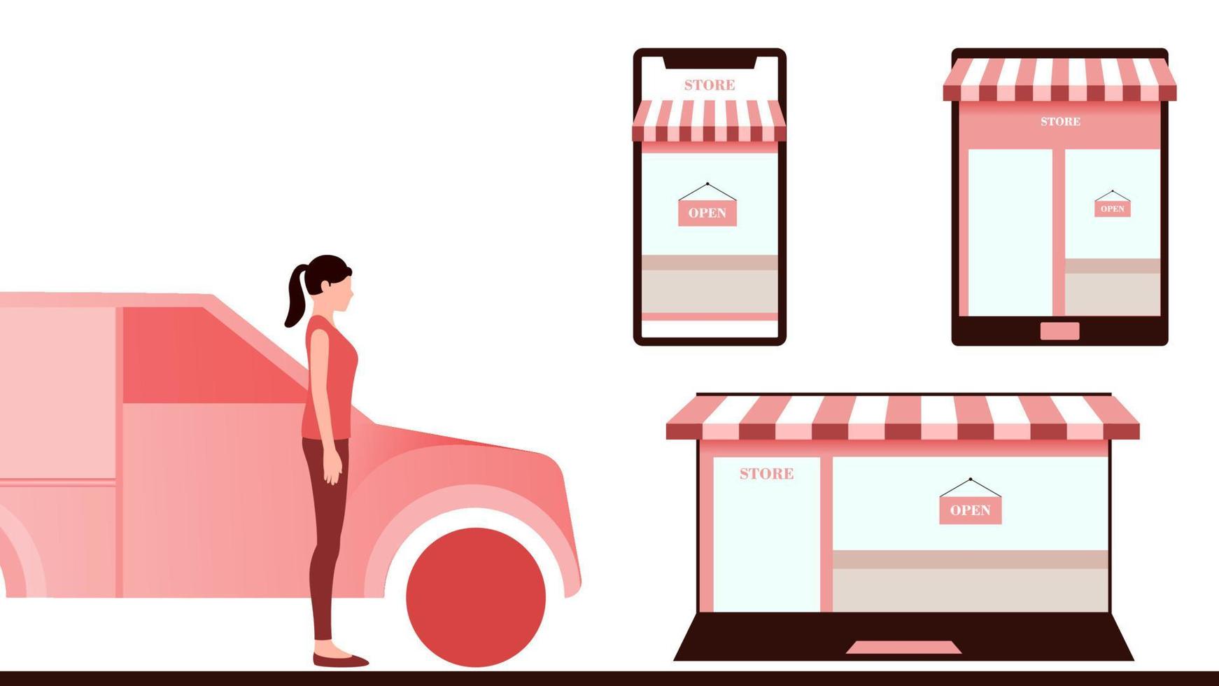 mulher com van de entrega, loja criada em objetos como laptop, celular e tablet. ilustração vetorial de negócios de entrega em fundo branco. vetor