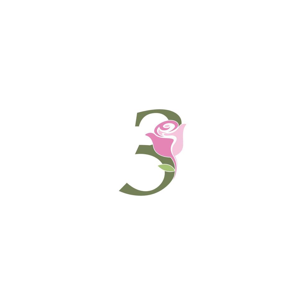 número 3 com modelo de vetor de logotipo de ícone de rosa