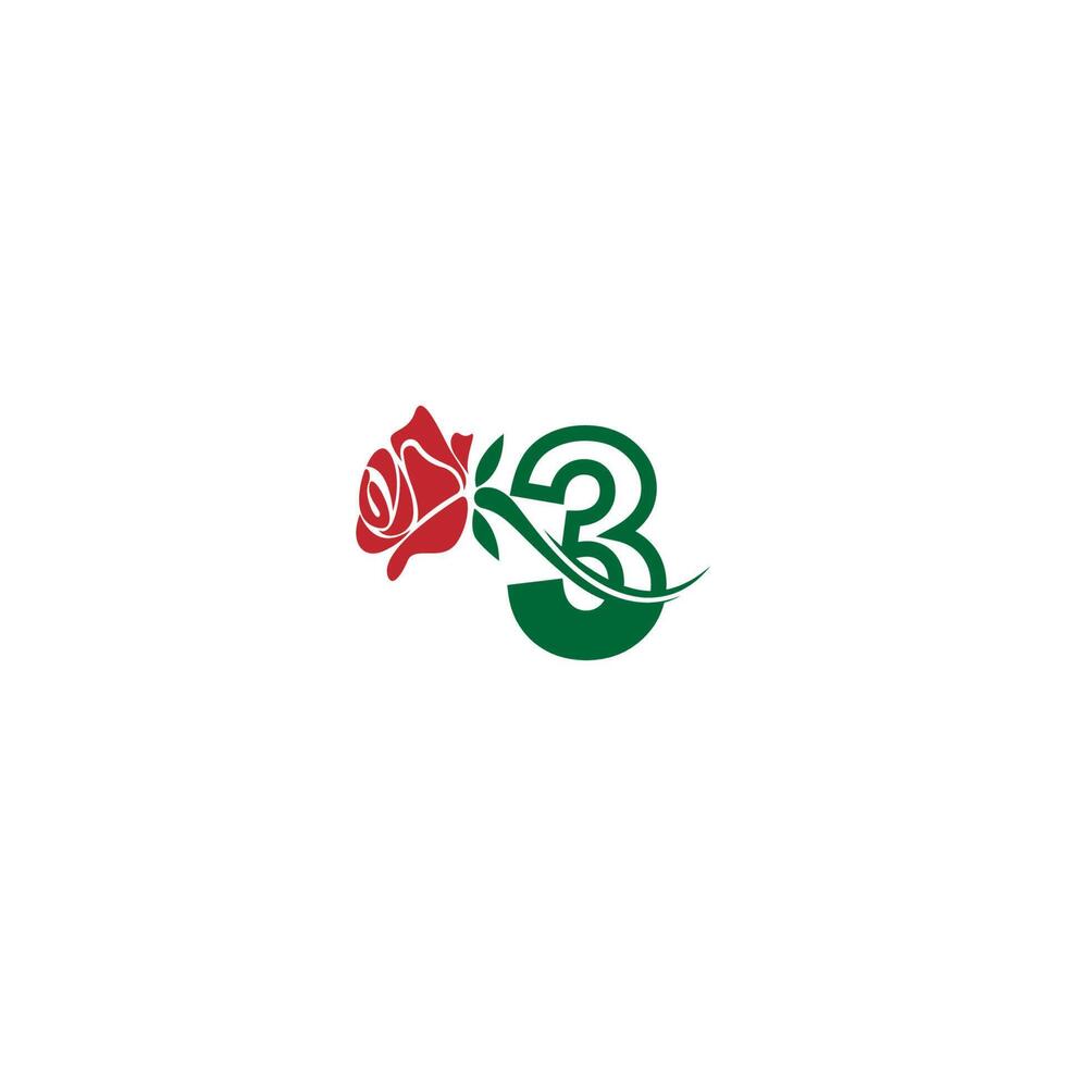 número 3 com modelo de vetor de logotipo de ícone de rosa