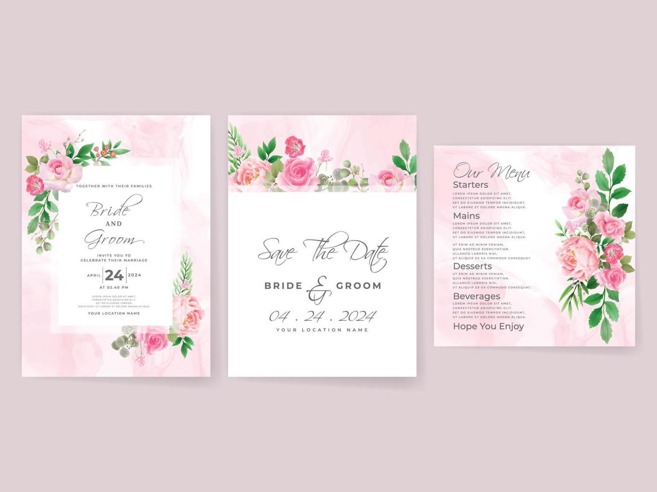 cartões de convite de casamento conjunto de rosas cor de rosa vetor