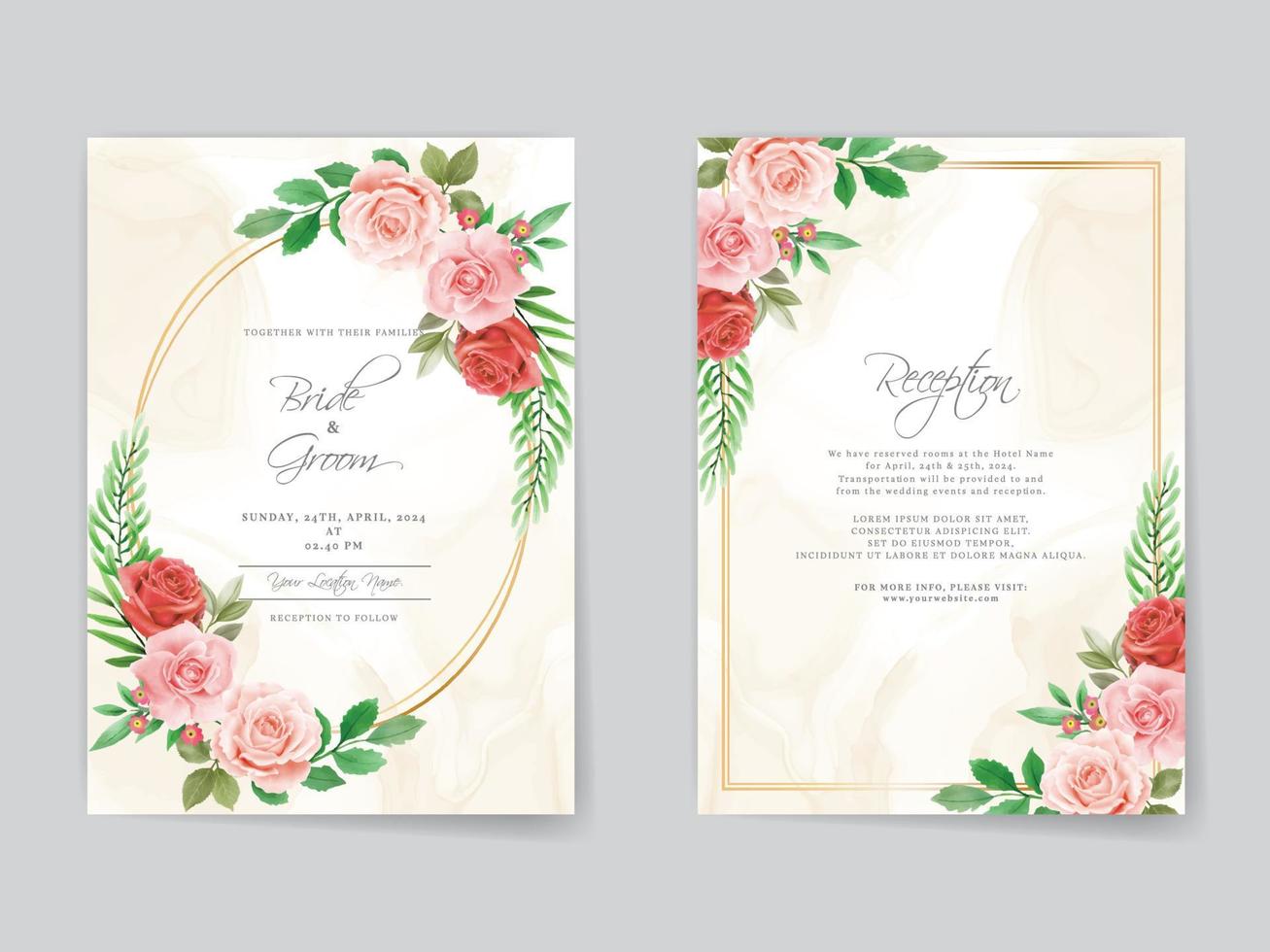 modelo de cartão de convite de casamento romântico de rosas vermelhas vetor