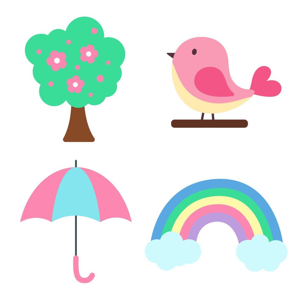conjunto de elementos de primavera. árvore com flores da primavera, pássaro rosa, guarda-chuva e arco-íris com nuvens. imprimir para pacote de adesivos, roupas, têxteis, design sazonal e decoração. ilustração em tons pastel vetor