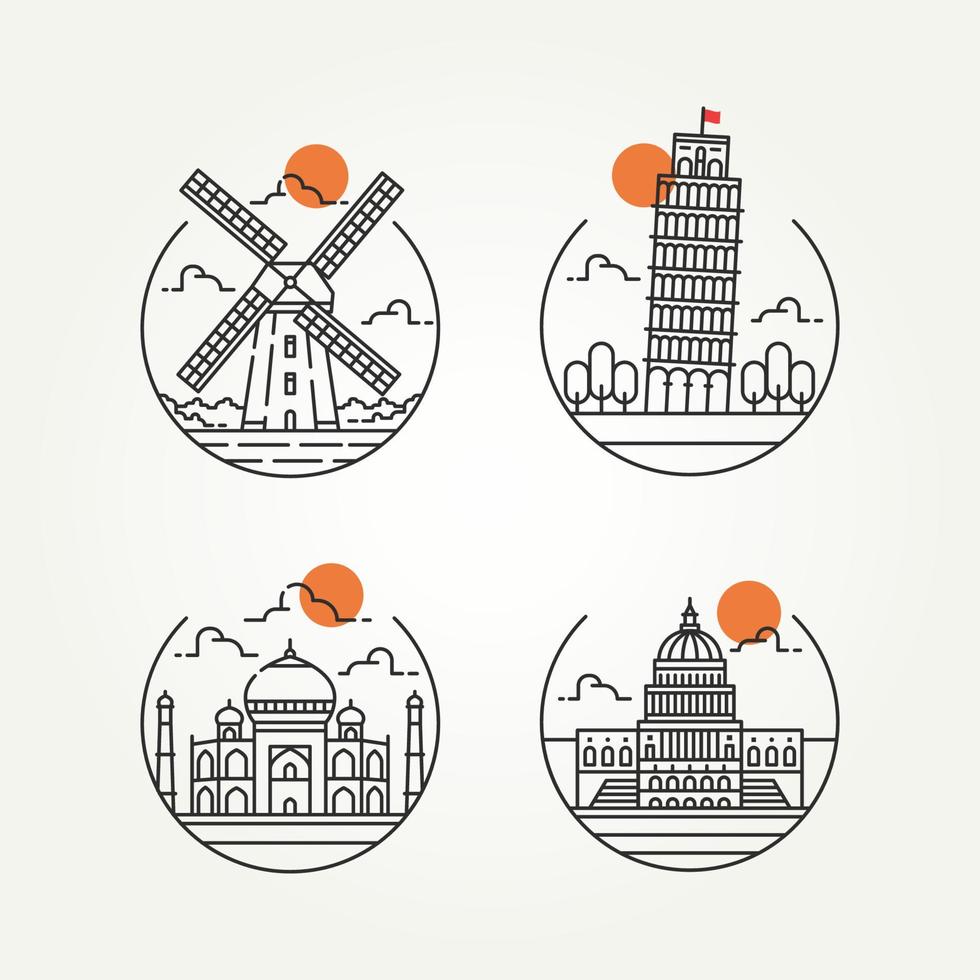 conjunto de logotipo de ícone de arte de linha de marco de viagem mundial vetor