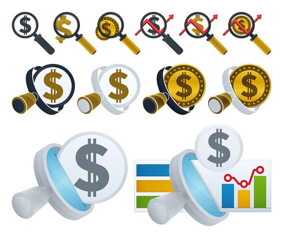 Ícones de lupa e dólar vetor