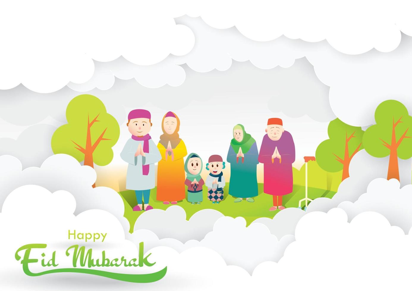 saudação de família muçulmana comemorando eid mubarak, vetor de desenho animado ramadan kareem desejando festival islâmico para banner, pôster, plano de fundo, panfleto, ilustração, cartão de felicitações