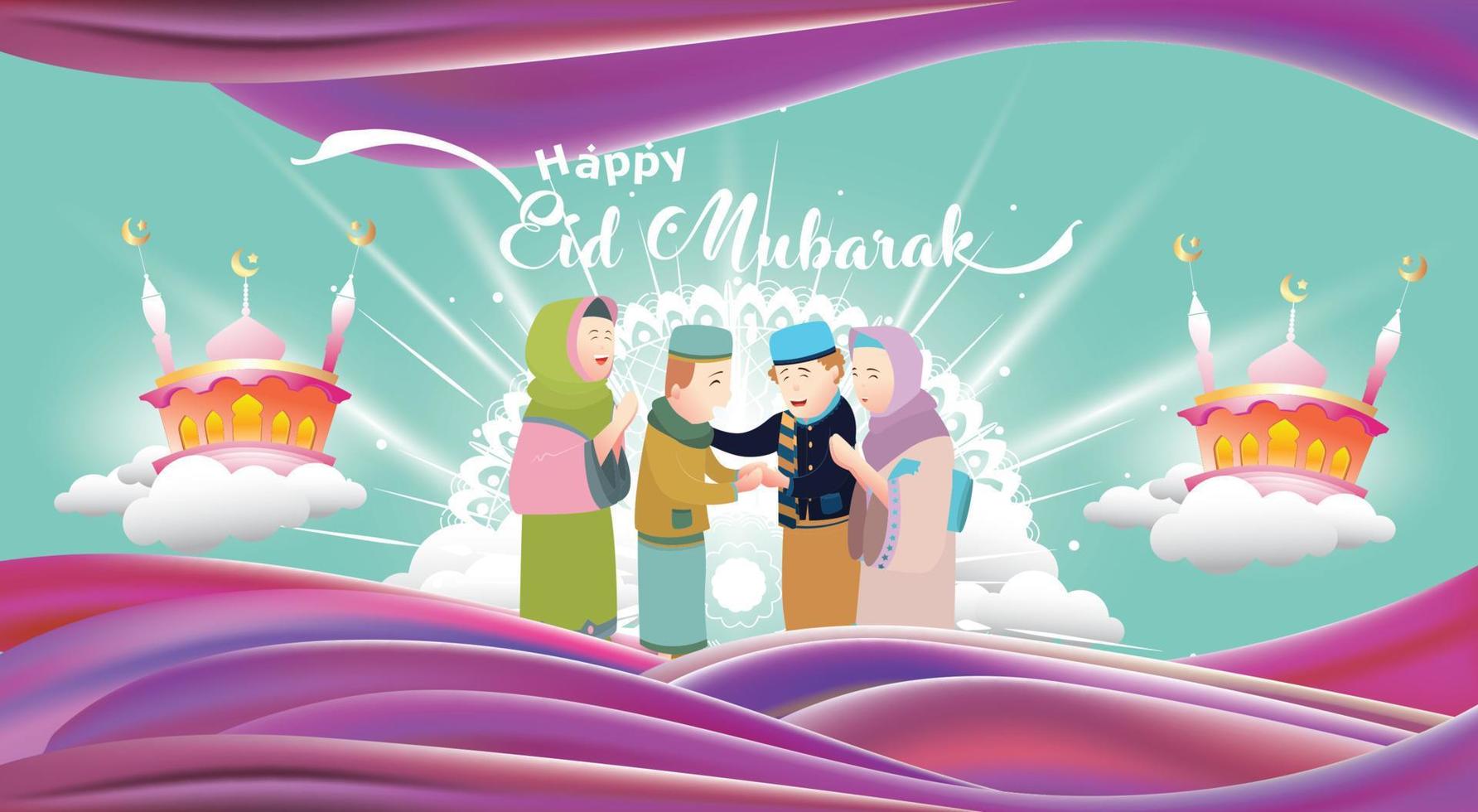 ilustração vetorial eid mubarak com caráter familiar. ilustração vetorial para cartão, pôster e banner. com estilo de design divertido vetor