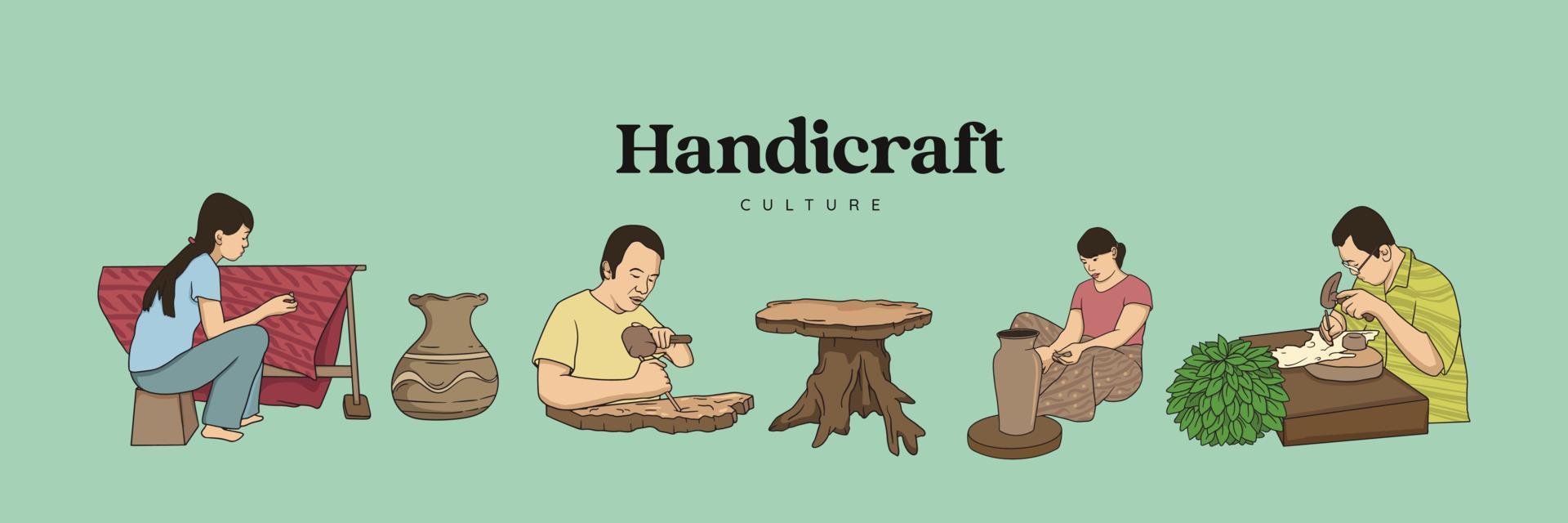 cultura tradicional de artesanato isolado mão desenhada. artesão de escultura, cerâmica e marionetes vetor