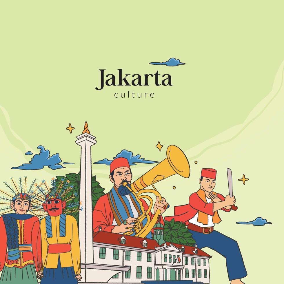 definir a ilustração de Jacarta. fundo de culturas indonésias desenhadas à mão vetor