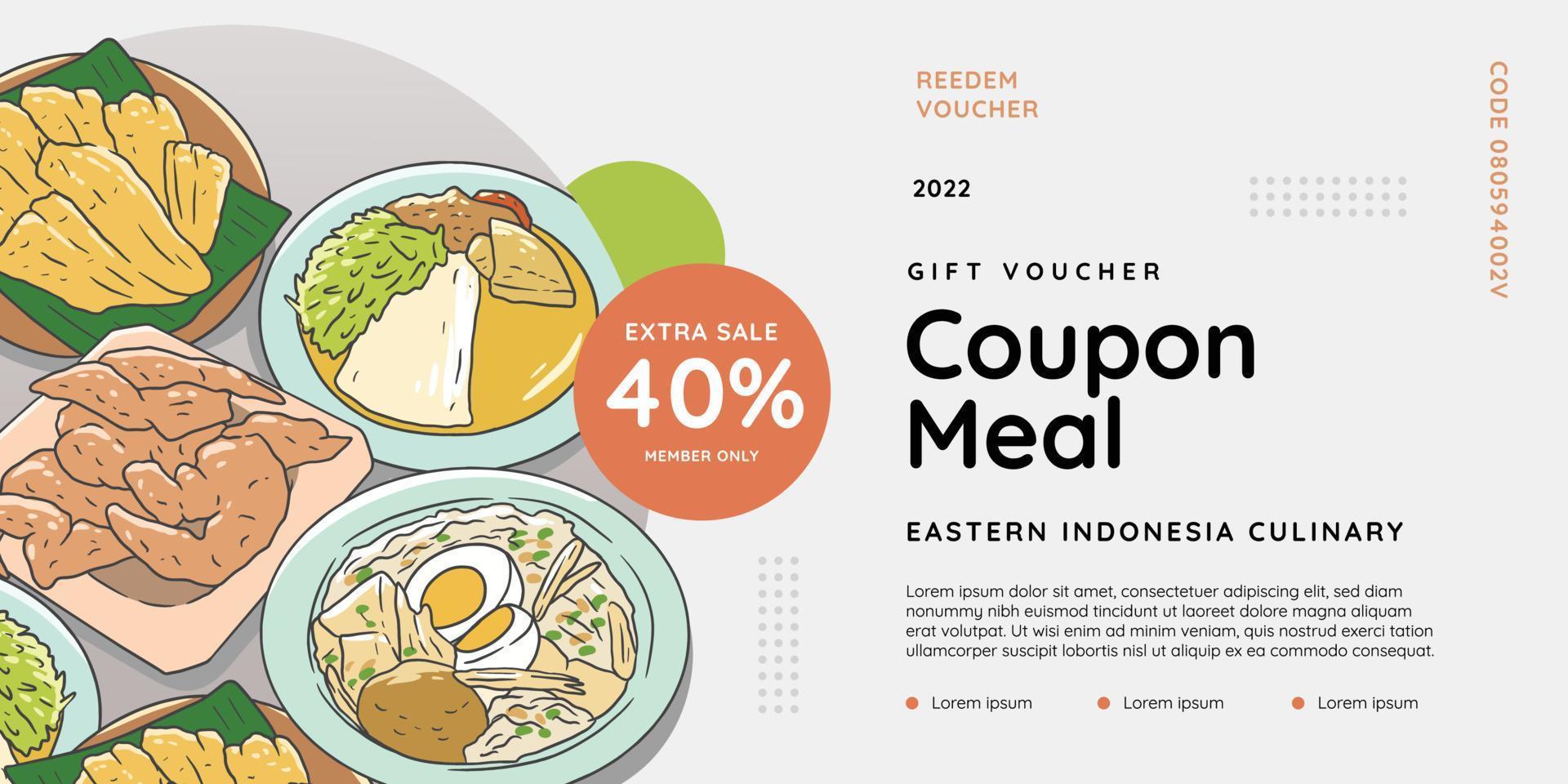 vale-presente de comida menu de pedido de desconto comida indonésia oriental vetor desenhado à mão