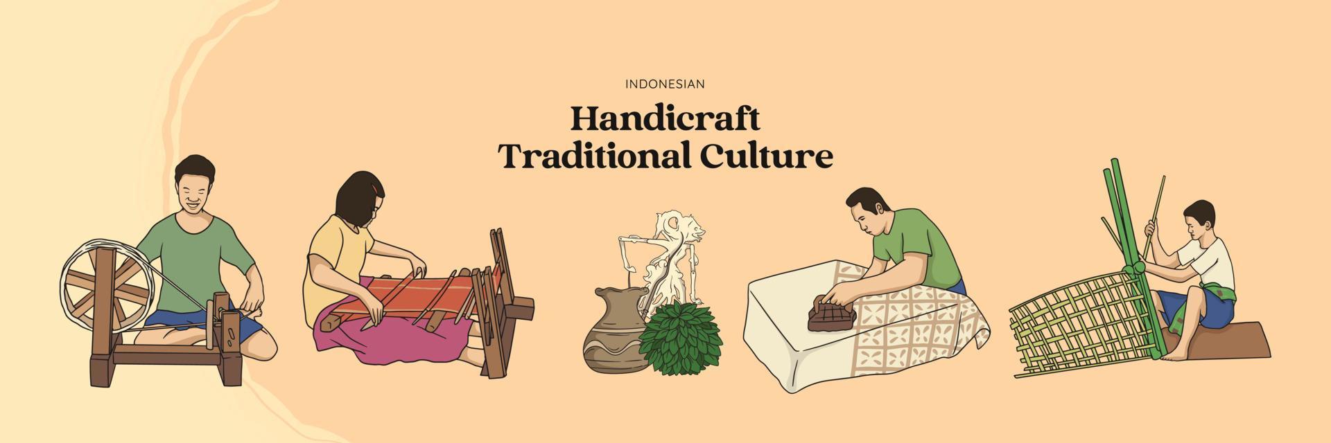 cultura tradicional de artesanato isolado mão desenhada. artesão tecelão, bambu e batik vetor