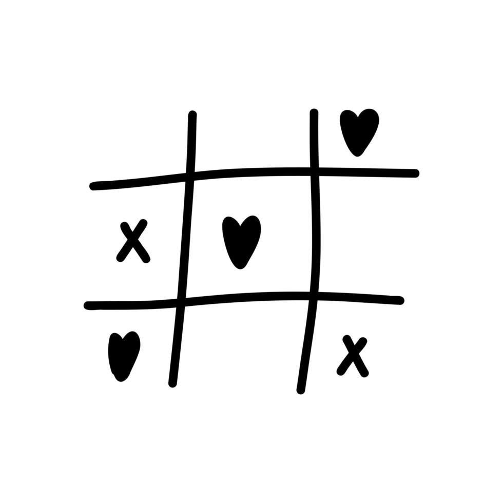 ilustração em vetor de jogo da velha com corações no estilo doodle. conceito de dia dos namorados. silhueta de tinta preta sobre fundo branco