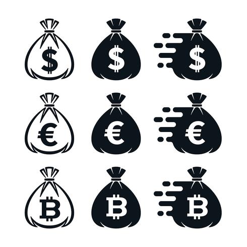 Ícones de saco de dinheiro com símbolos de moeda vetor