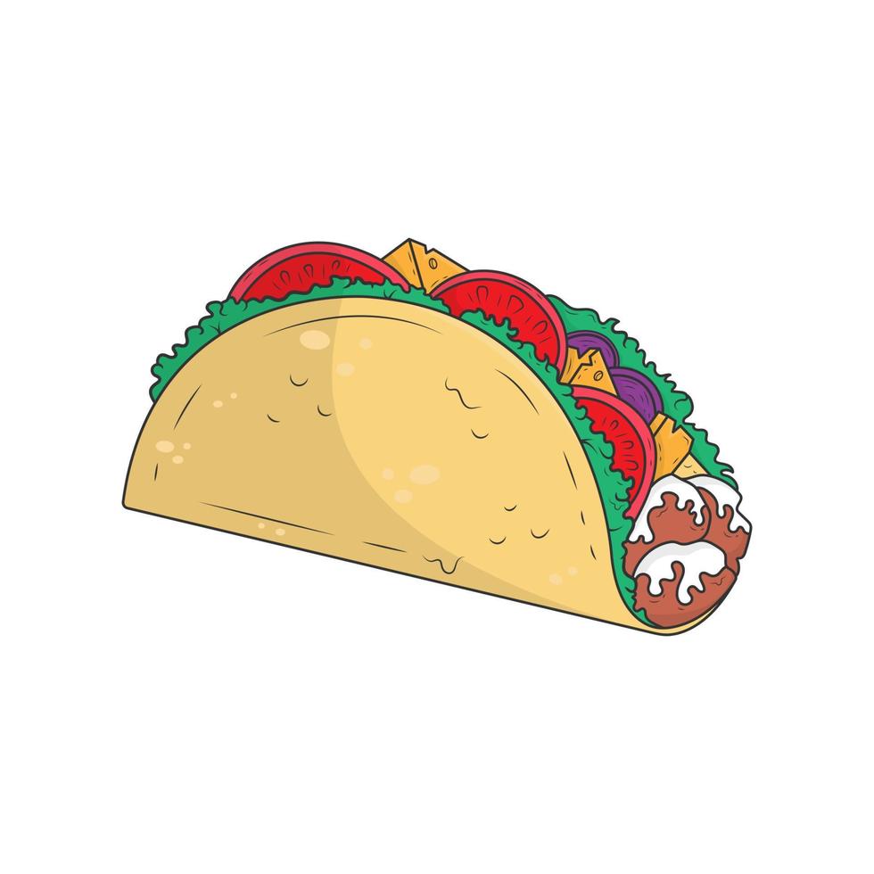 vetor desenhado à mão cria design, desenho animado comida de taco mexicano, vegetais e carne colorida.