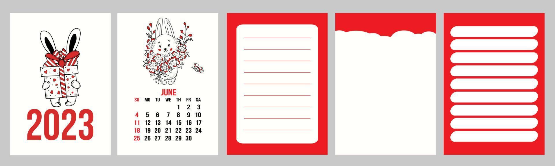 modelo de calendário de coleção para junho de 2023 com coelho fofo de flores e páginas de planejador, notas, para fazer a lista. ilustração vetorial. semana a partir de domingo. em inglês. 2023 anos de coelho para calendário chinês vetor