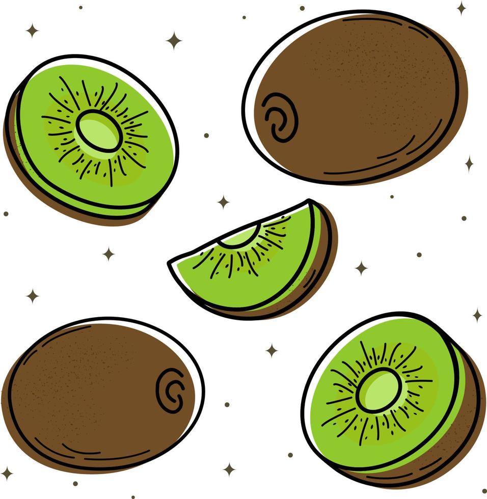 ilustração em vetor de um conjunto de kiwis. elementos de design para menus, anúncios e capas, livros infantis, ilustrações de alimentos e alimentos. vetor de frutas, folhas de plantas de jardim. nutrição dietética