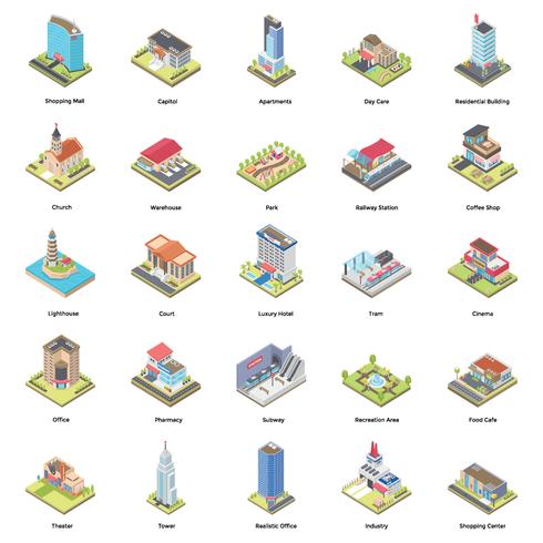 Conjunto de ícones isométrica de edifícios vetor