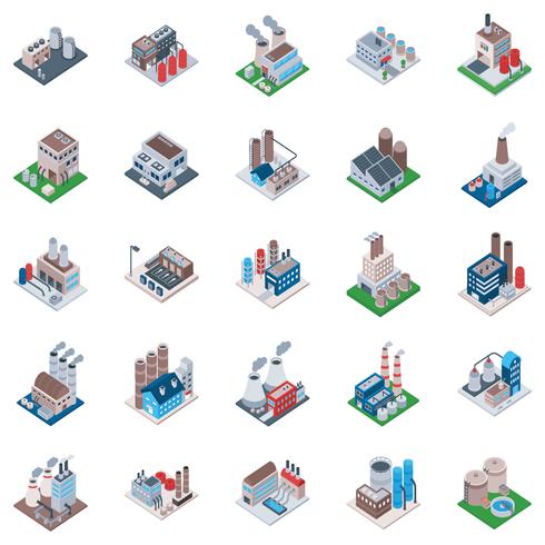 Ícones isométricos de edifícios de fábrica vetor