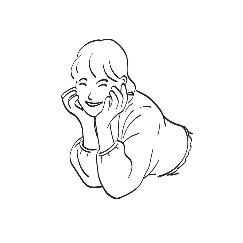 mulher de close-up de arte de linha com sorriso sustentando o queixo ilustração vetorial desenhada à mão isolada no fundo branco vetor