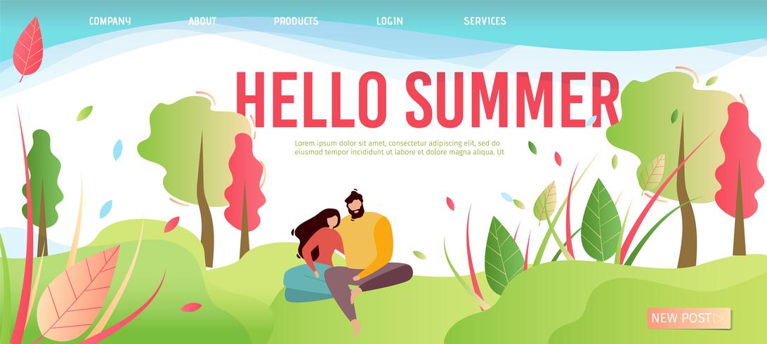 Olá Verão saudação estilo Cartoon Landing Page vetor