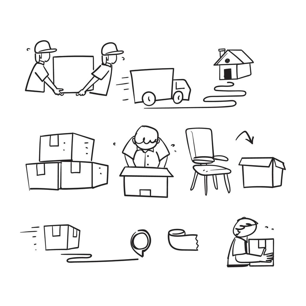 conjunto simples de doodle desenhado à mão de ícone de ilustração relacionado ao serviço em movimento vetor