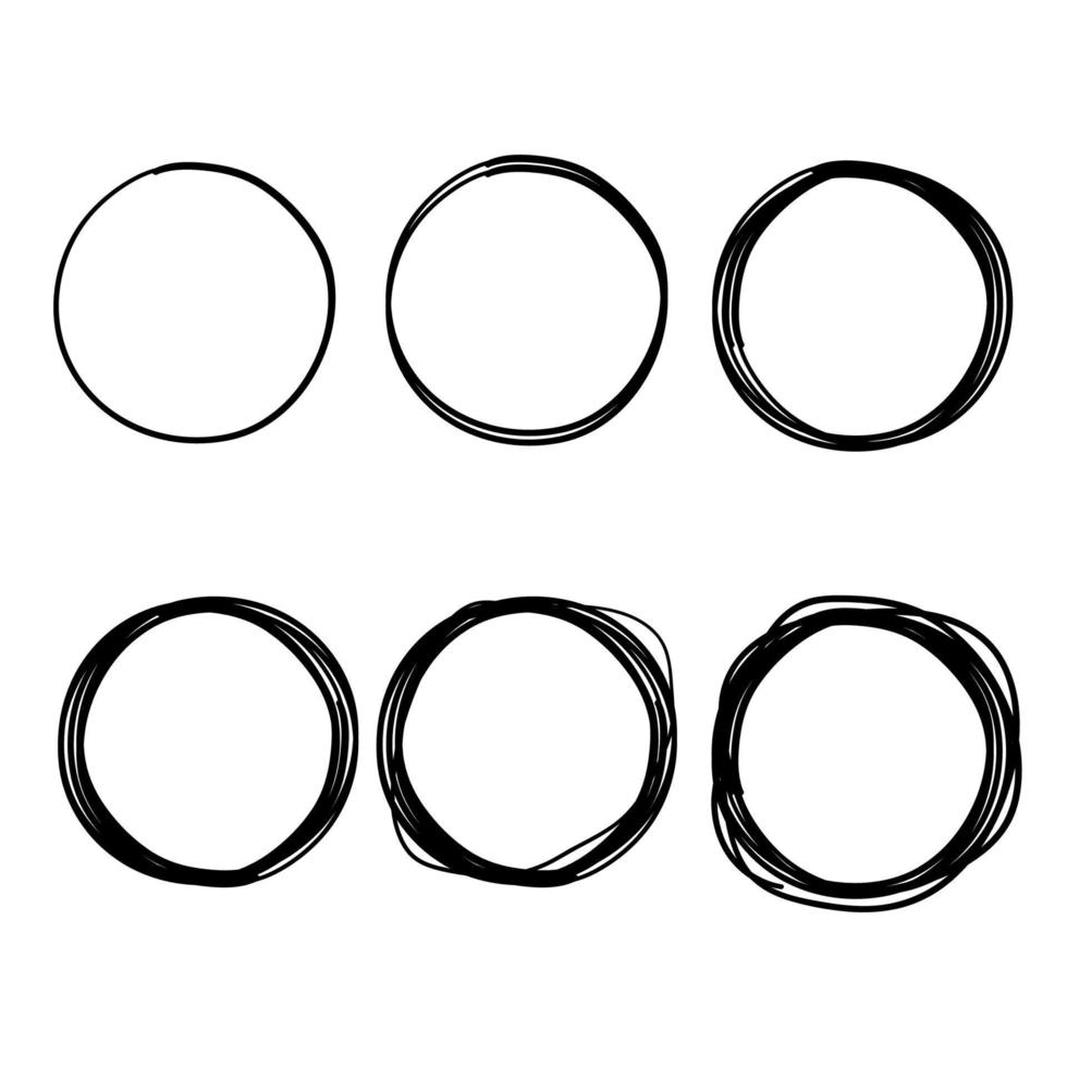 círculos de linha de tinta desenhados à mão ou coleção de vetores de círculos de rabisco. rabiscos de esboço circulares ou molduras redondas isoladas em branco com lugar para ilustração vetorial de texto