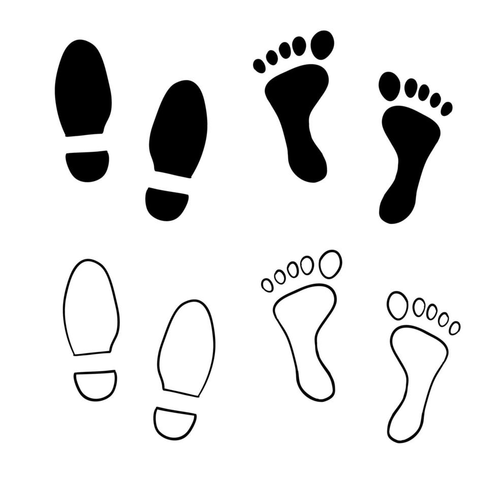 impressão de sapato desenhada à mão, ilustração de impressão de pé com vetor de estilo de desenho animado doodle
