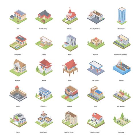 Conjunto de ícones isométrica de edifícios vetor