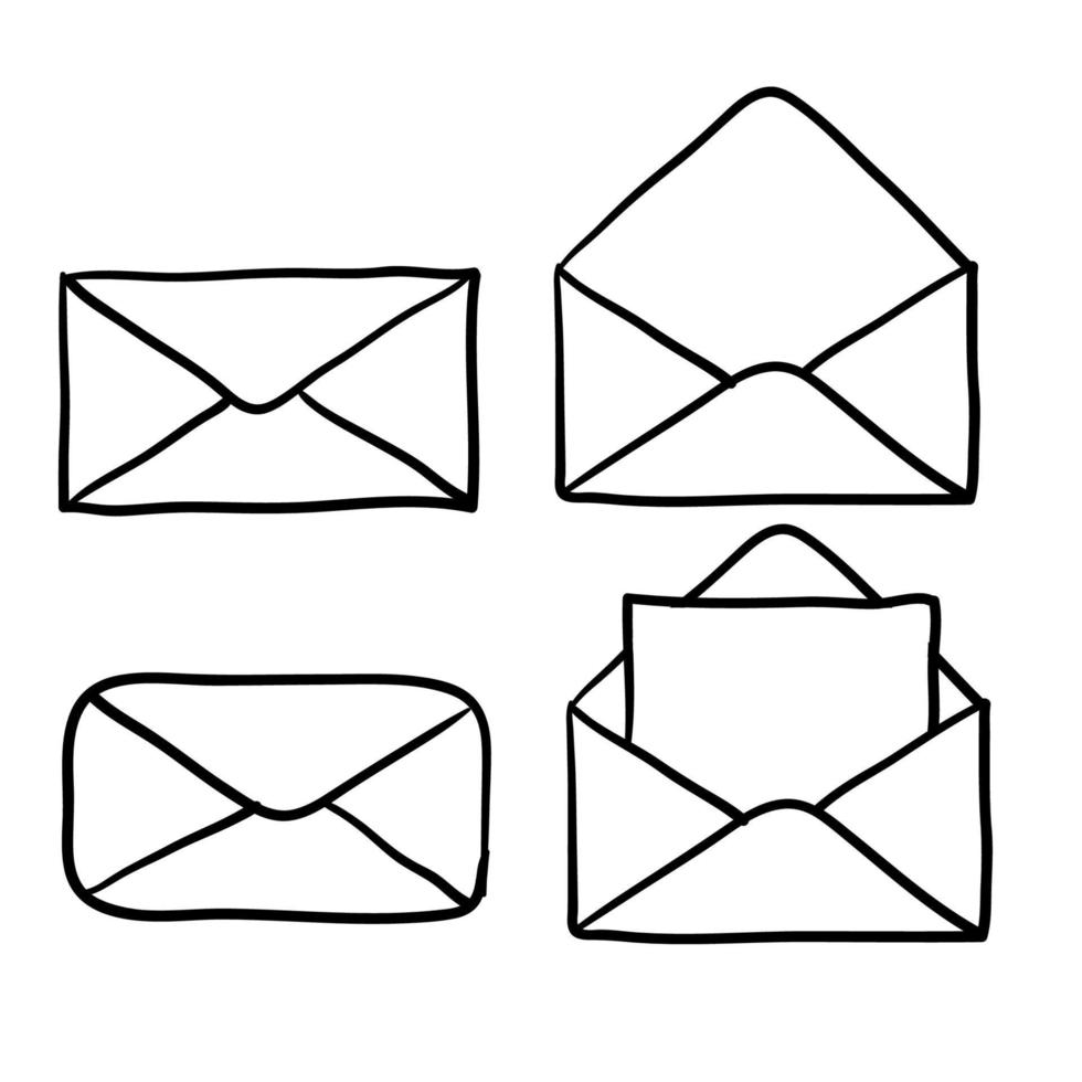 coleção de ícones de correio, envelopes abertos e fechados, símbolo de e-mail. estilo de desenho animado estilo doodle desenhado à mão vetor