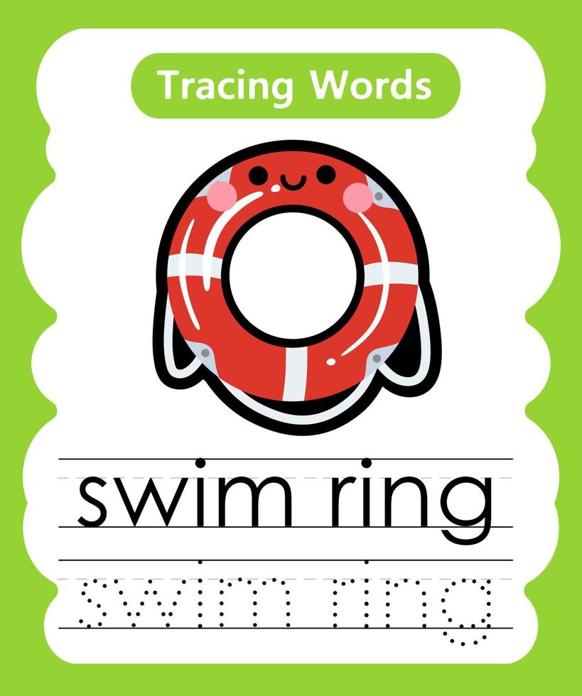 planilhas de palavras de rastreamento em inglês com anel de natação de vocabulário vetor
