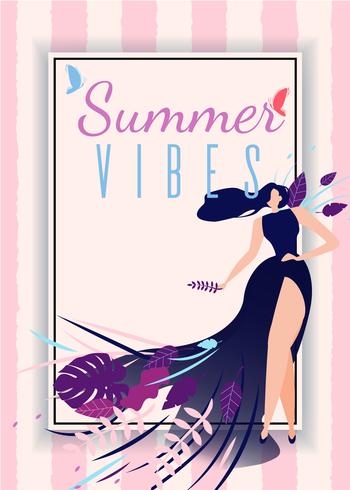 Cartão de vibrações de verão com mulher bonita dos desenhos animados vetor