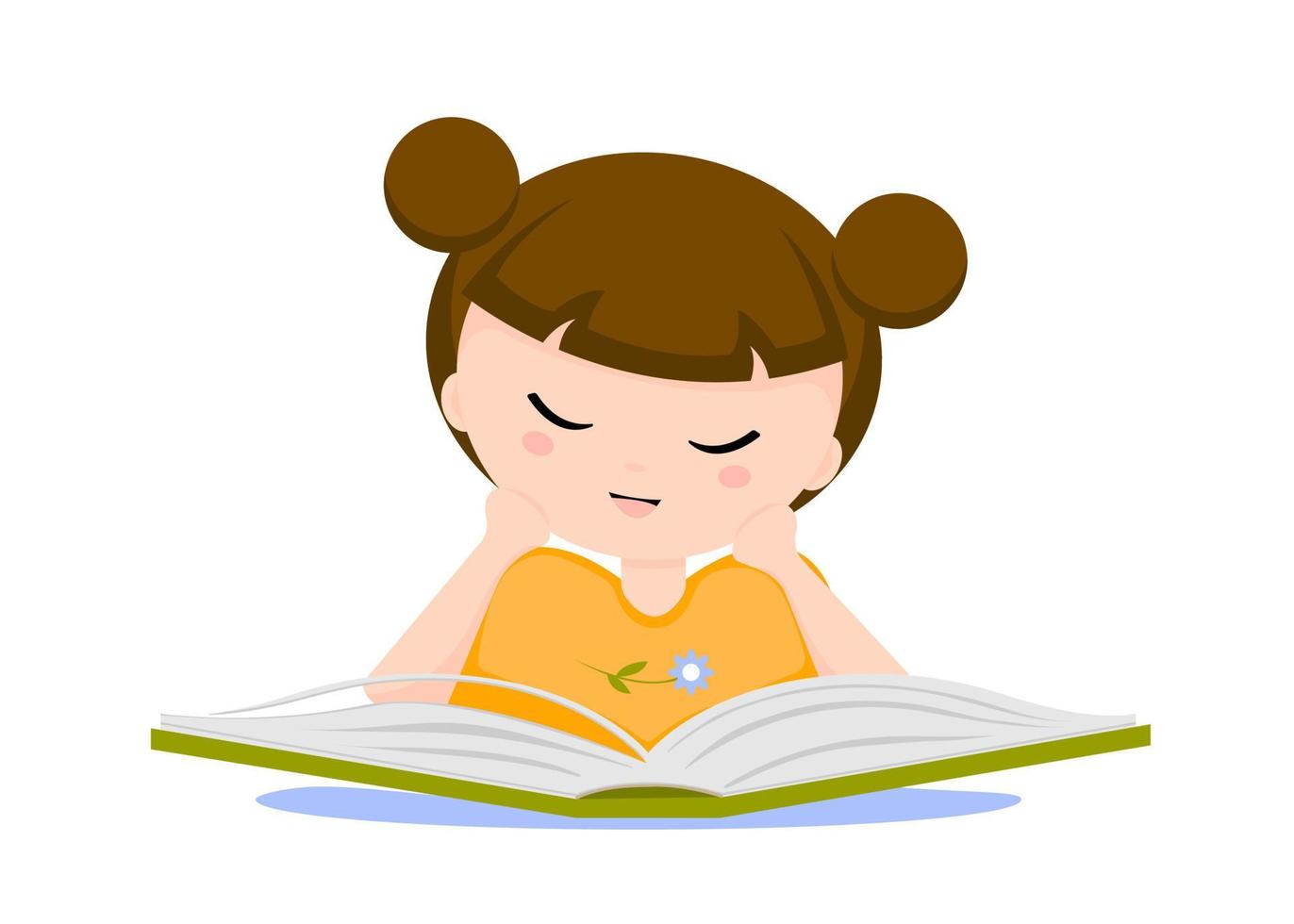 uma garotinha de camiseta laranja e com dois pacotes na cabeça está lendo com entusiasmo um grande livro verde. a criança lê com os punhos nas bochechas. preparar para a escola, dar aulas. vetor