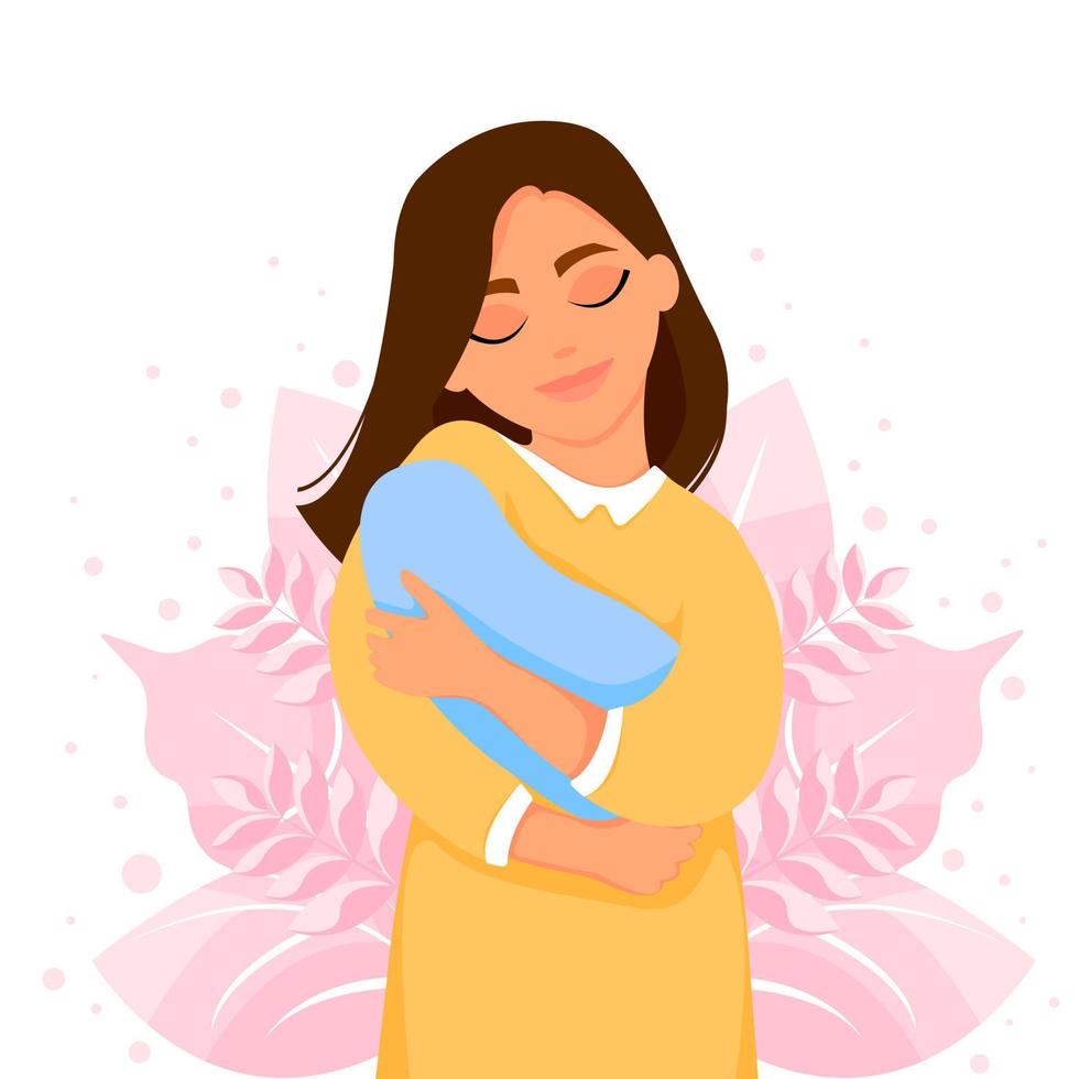 mulher segurando o bebê recém-nascido nos braços contra o fundo das plantas. ilustração em vetor de personagem fofa.