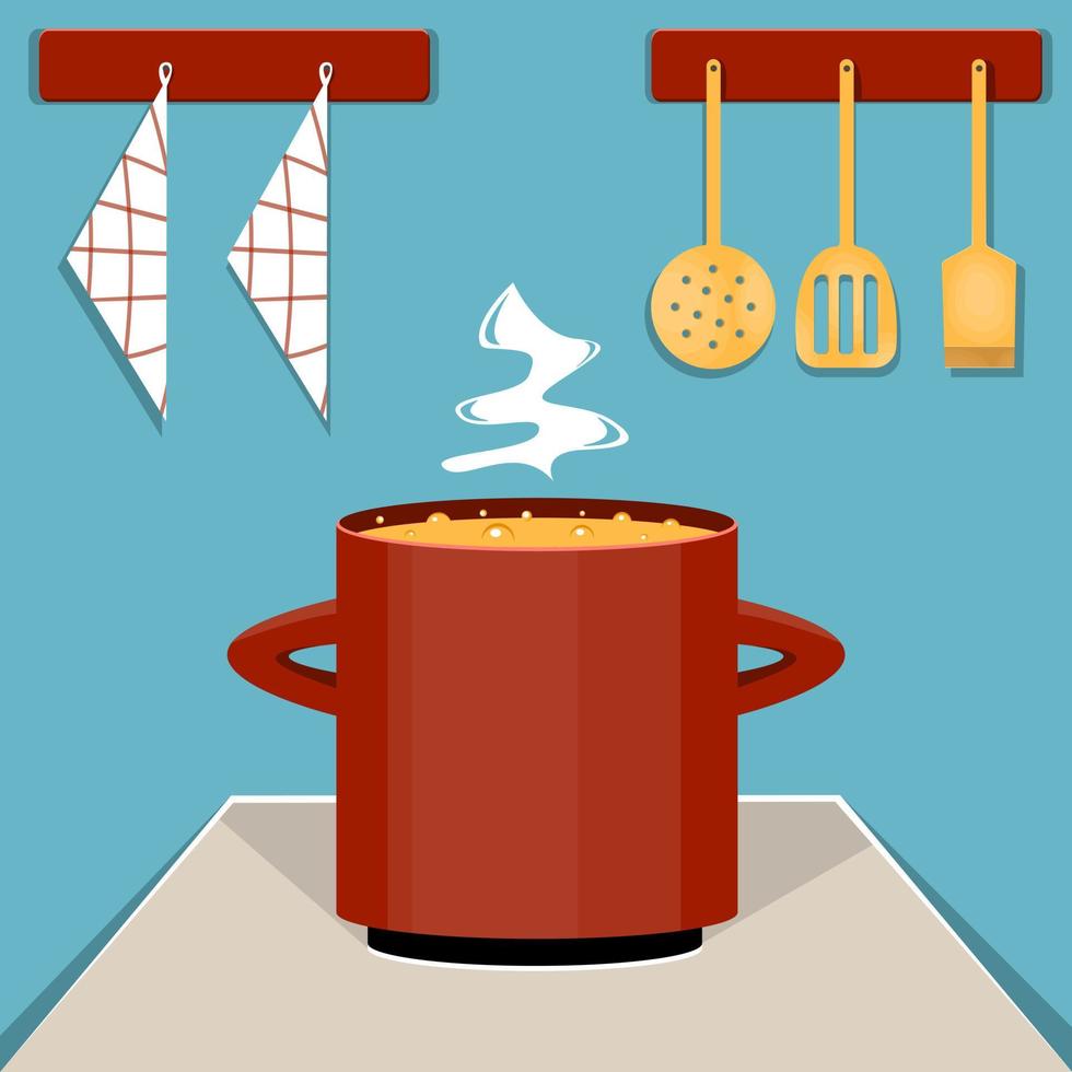 ilustração em vetor bonito dos desenhos animados de cozinhar sopa na panela.