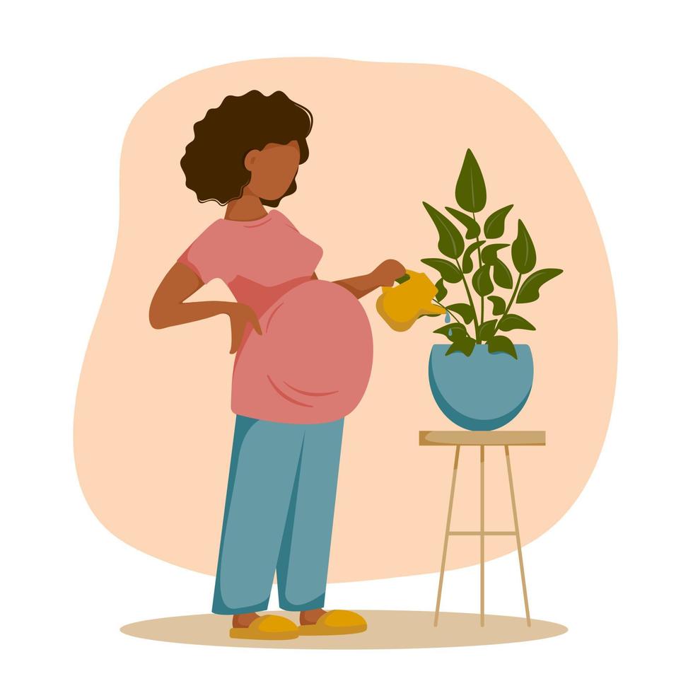 linda mulher grávida regando a planta em casa. ilustração vetorial. projeto plano. vetor