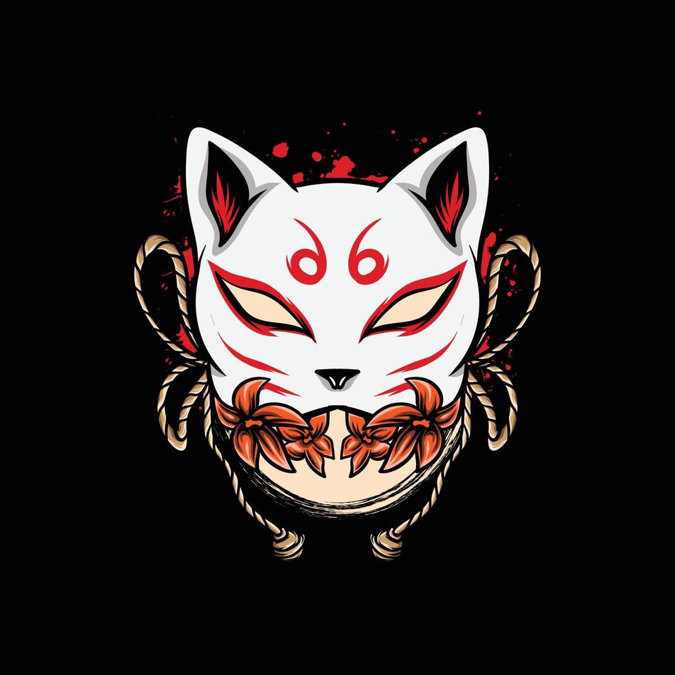 máscara kitsune com lua e flores em fundo preto vetor